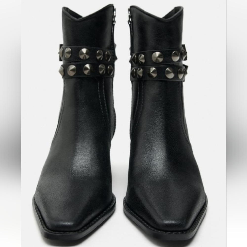 Zara Leather strap studded Cowboy Ankle Boots - Picture 2 of 14